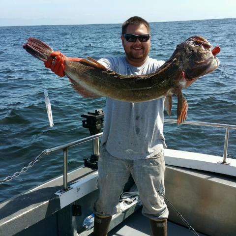 Person wearing sunglasses holding a large fish on a boat with ocean in the background.