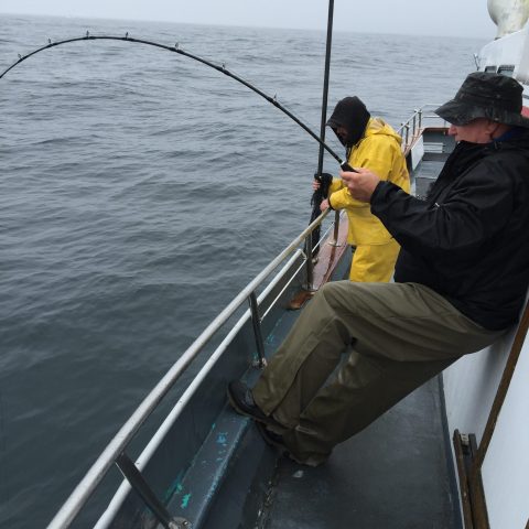 Two people fishing from a boat in rainy weather.