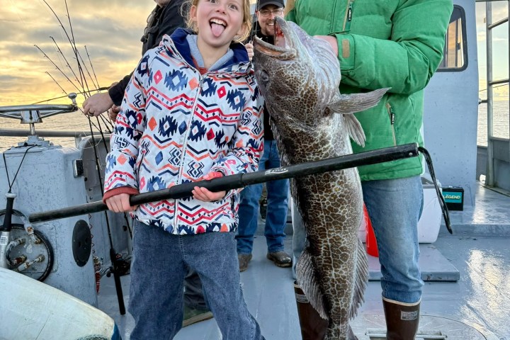 Four people on a boat, one holding a large fish, all smiling and happy.