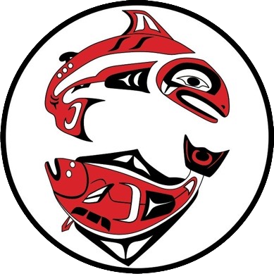 Native art of two red and black fish circling each other in a circle.